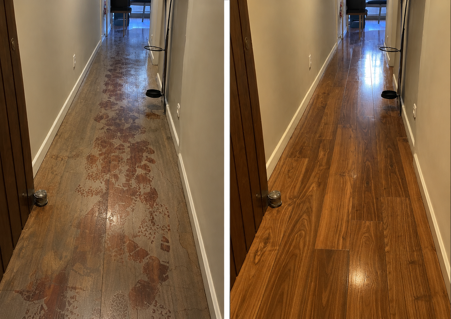 Hardwood corridor before and after professional cleaning