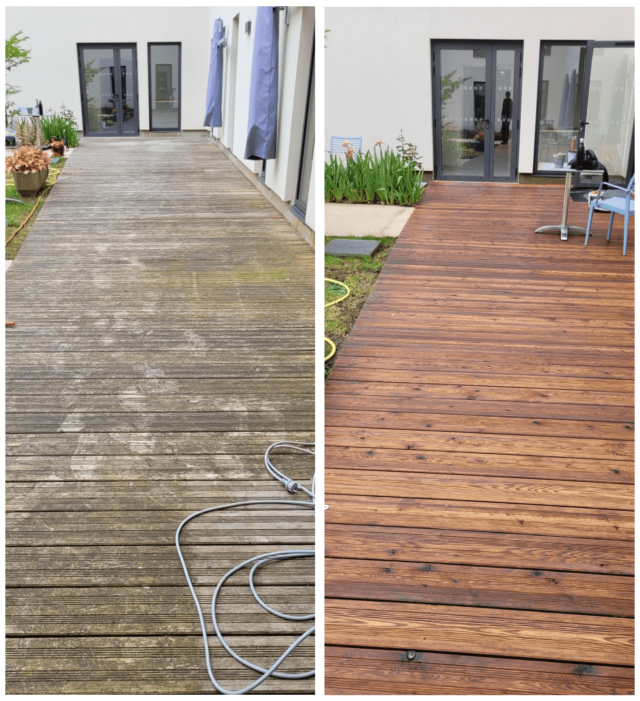 Outdoor timber deck before and after pressure cleaning